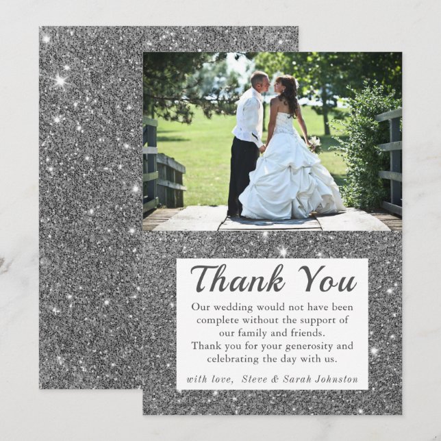 Silver Sparkle Wedding Photo Thank You Cards (Front/Back)
