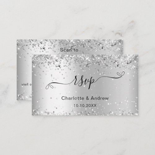 Silver sparkle wedding website RSVP QR code Enclosure Card