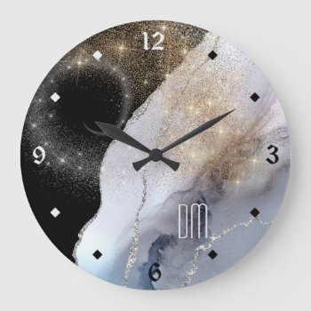 Silver Sparkle White Marble Stardust Large Clock by AvenueCentral at Zazzle