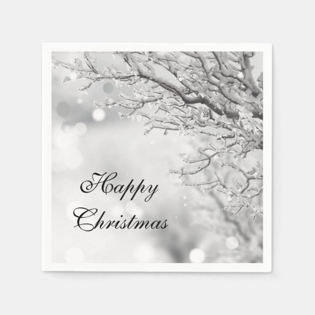 Silver Sparkle Winter "Happy Christmas" Paper Napkins (Front)