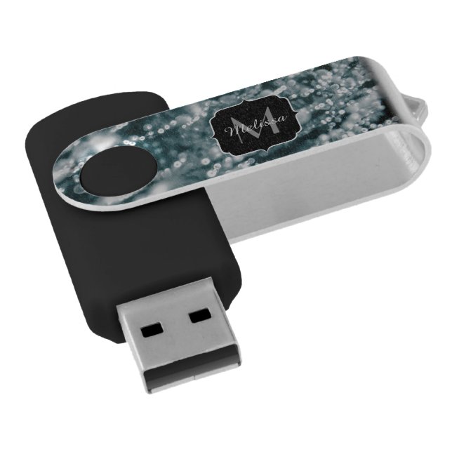 Silver sparkles Frozen Ice bubbles Monogram Flash Drive (Angled)
