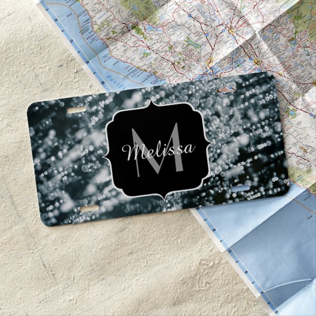 Silver sparkles Frozen Ice bubbles Monogram License Plate (In Situ)