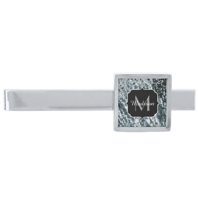 Silver sparkles Frozen Ice bubbles Monogram Silver Finish Tie Clip (Front)