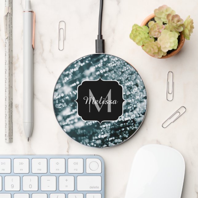 Silver sparkles Frozen Ice bubbles Monogram Wireless Charger (Desk)