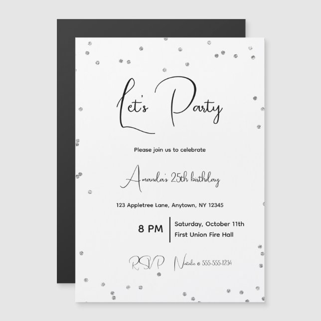 Silver Sparkles Fully Customizable Party Magnetic Invitation (Front/Back)