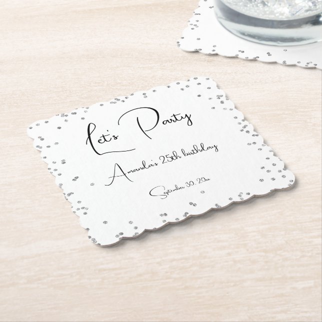 Silver Sparkles Fully Customizable Party Paper Coaster (Angled)