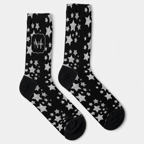 Silver sparkles Stars pattern black Monogram Socks