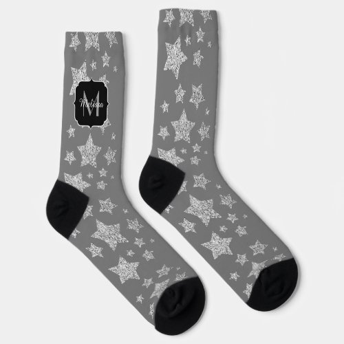 Silver sparkles Stars pattern light gray Monogram Socks