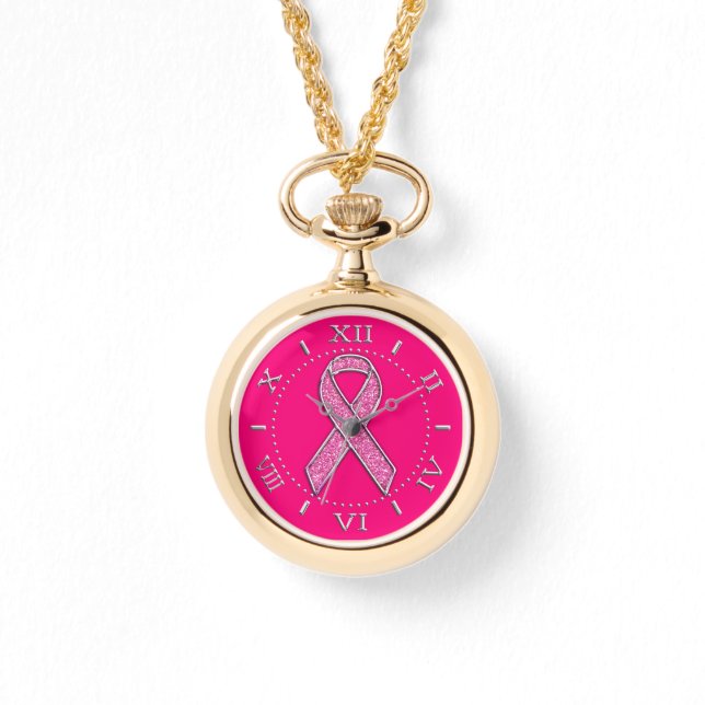 Silver Sparkles Styles Pink Ribbon Awareness Dial Watch (Front)