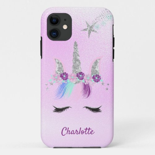 Silver Sparkles Unicorn  Star iPhone 11 Case