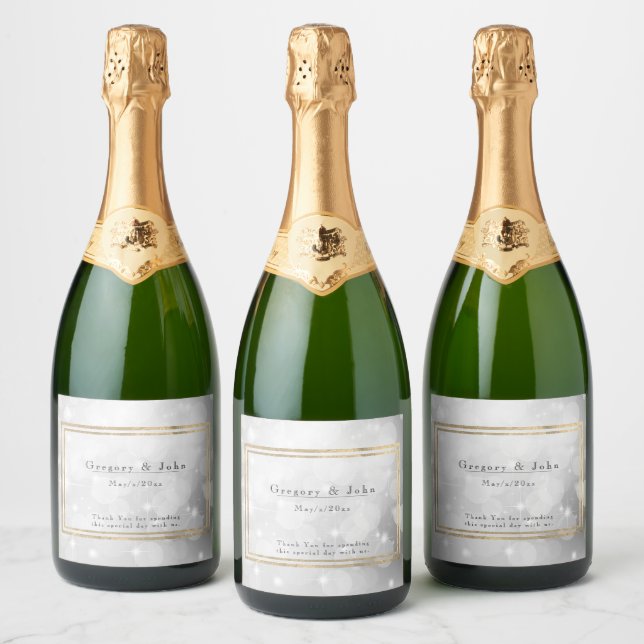 Silver Sparkling Bokeh Gold Metallic Frame Sparkling Wine Label (Bottles)