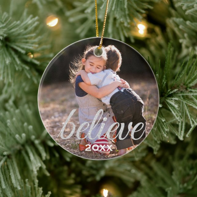 Silver Sparkly Believe Script Christmas Photo Ceramic Ornament (Tree)