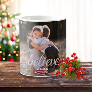 Silver Sparkly Believe Script Christmas Photo Coffee Mug