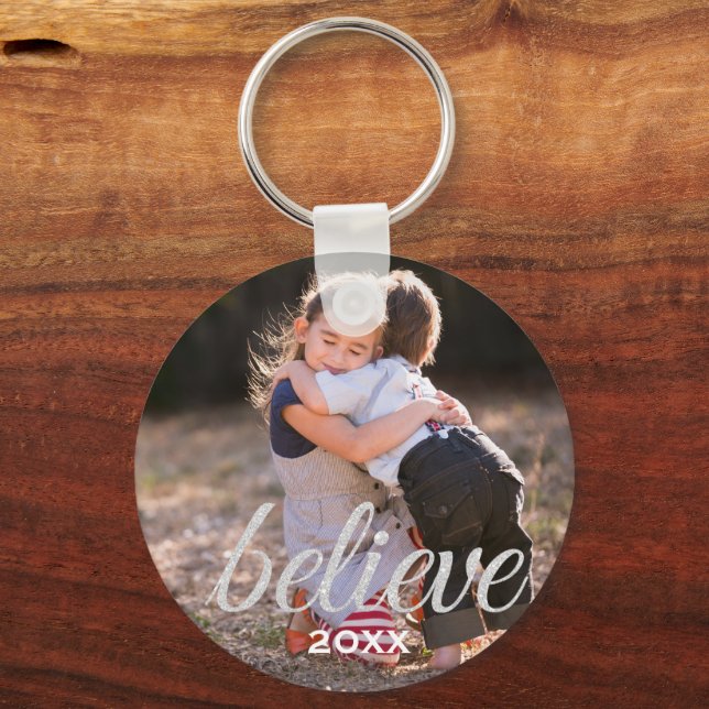 Silver Sparkly Believe Script Christmas Photo Keychain (Front)