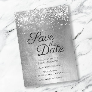 Silver Sparkly Glitter and Shiny Ombre Foil Save The Date