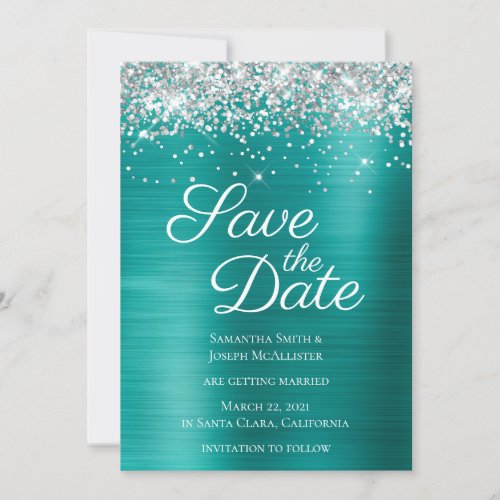 Silver Sparkly Glitter Aqua Teal Ombre Foil Save The Date