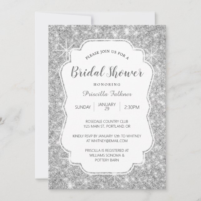 Silver Sparkly Glitter Bridal Shower Invitation (Front)
