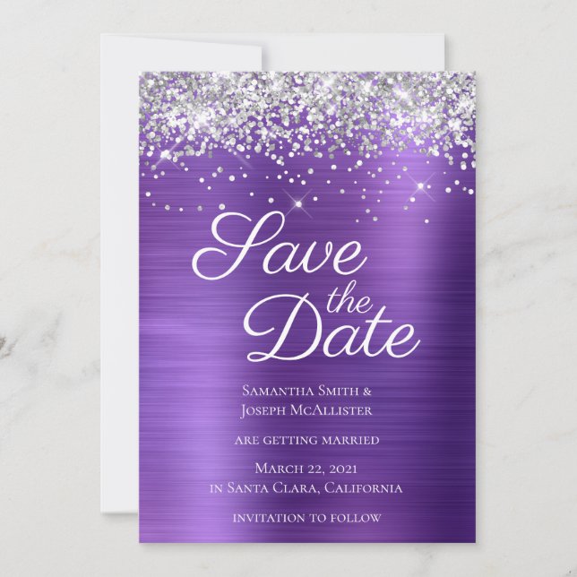 Silver Sparkly Glitter Dark Amethyst Ombre Foil Save The Date (Front)