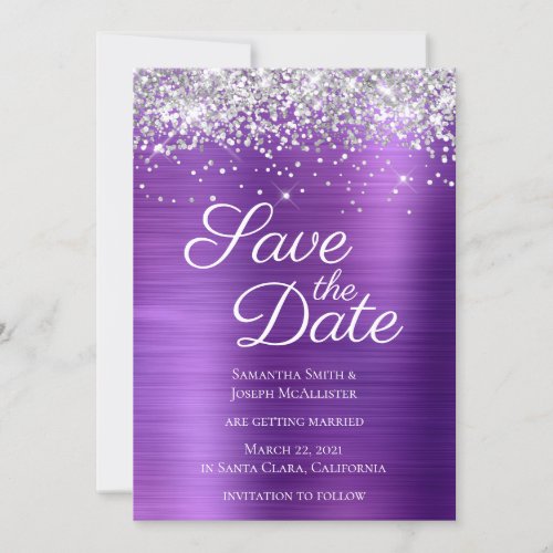 Silver Sparkly Glitter Dark Amethyst Ombre Foil Save The Date