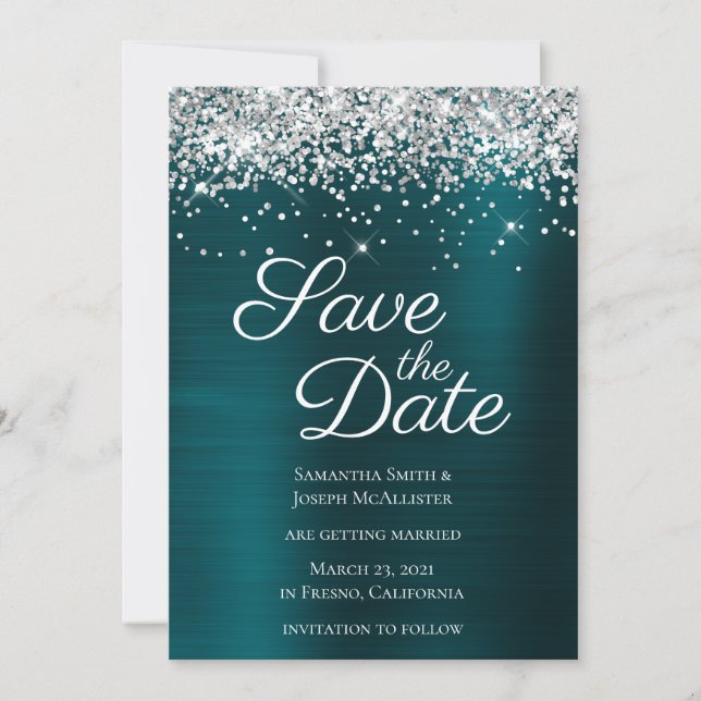 Silver Sparkly Glitter Dark Turquoise Ombre Foil Save The Date (Front)