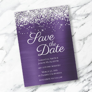 Silver Sparkly Glitter Dark Violet Ombre Foil Save The Date
