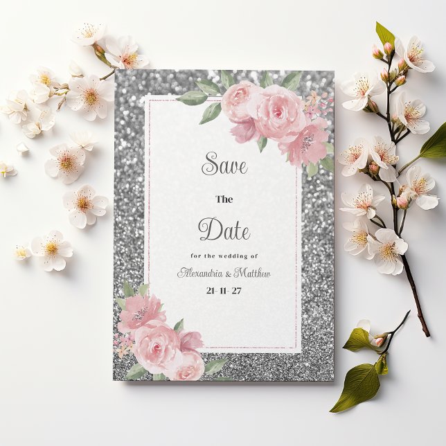 Silver sparkly glitter pink floral Save The Date  Invitation (Silver sparkly glitter pink floral Save The Date)
