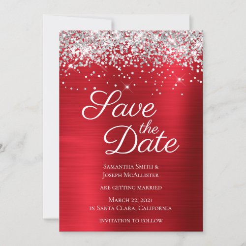 Silver Sparkly Glitter Red Ombre Foil Save The Date