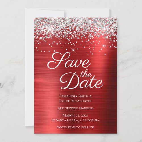 Silver Sparkly Glitter Ruby Red Ombre Foil Save The Date