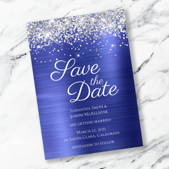 Silver Sparkly Glitter Sapphire Blue Ombre Foil Save The Date by annaleeblysse at Zazzle