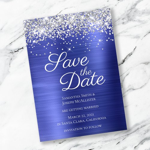 Silver Sparkly Glitter Sapphire Blue Ombre Foil Save The Date