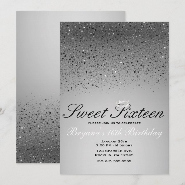 Silver Sparkly Glitter Sweet 16 Crown Party Invitation (Front/Back)