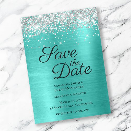 Silver Sparkly Glitter Turquoise Ombre Foil Save The Date