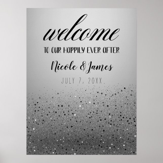 Silver Sparkly Glitter Wedding Welcome Sign (Front)