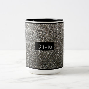 Silver Sparkly Glitter with Personalized Name Two-Tone Coffee Mug