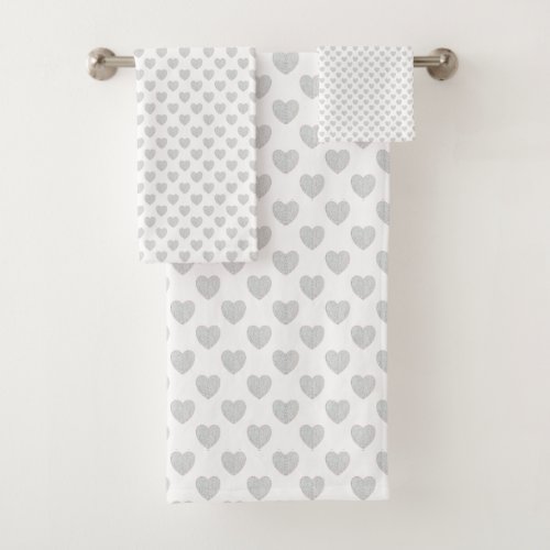 Silver Sparkly Hearts Bath Towel Set