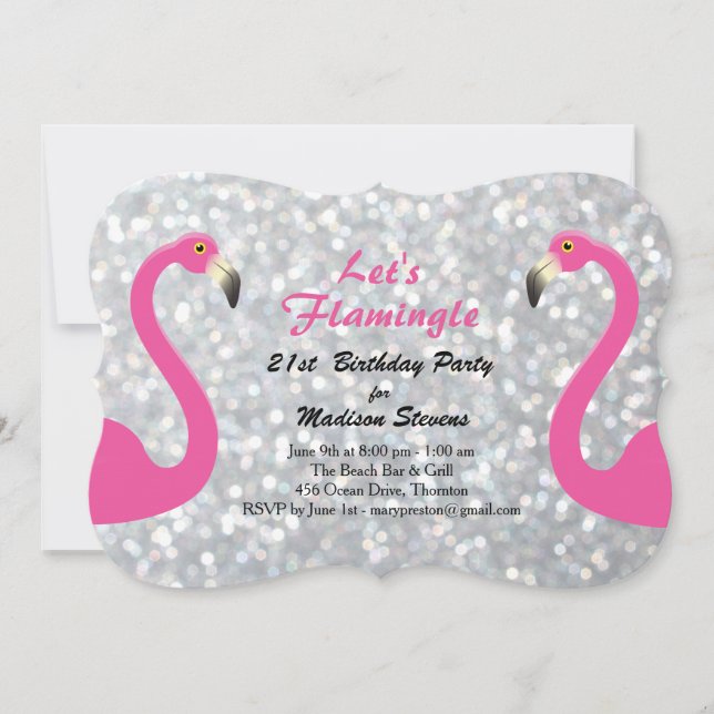 Silver Sparkly Let's Flamingle Birthday Invitation (Front)