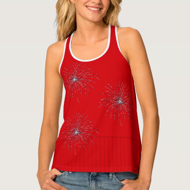 Silver Sparkly Red 4th Of July Fireworks Tank Top (Front)