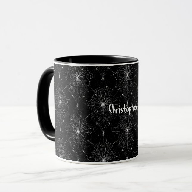 Silver Spiderweb Lace on Black Mug (Front Left)