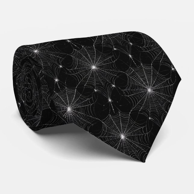 Silver Spiderweb Lace on Black Neck Tie (Rolled)