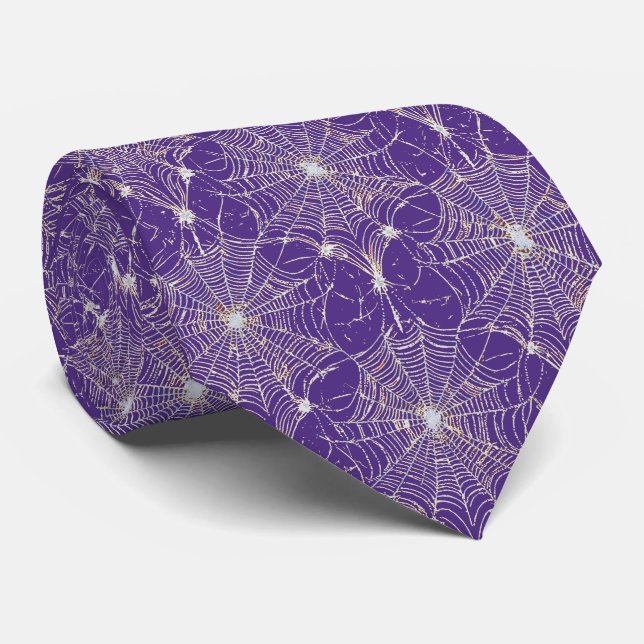 Silver Spiderweb Lace on Purple Neck Tie (Rolled)