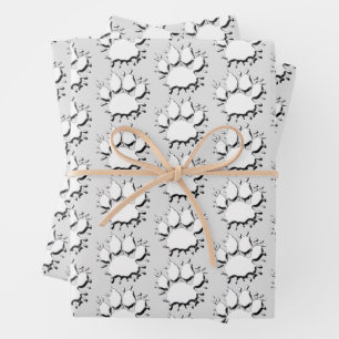 Silver Splatter Dog Paw Drawing Pattern Wrapping Paper Sheets