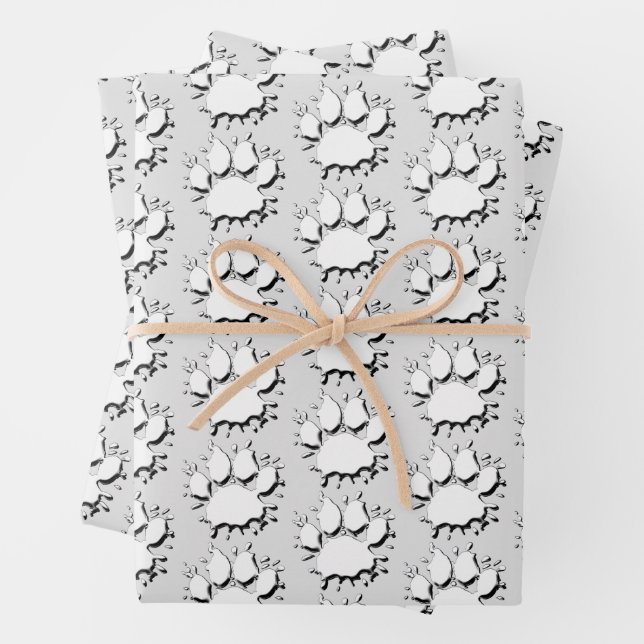  Silver Splatter Dog Paw Drawing Pattern Wrapping Paper Sheets (In situ)