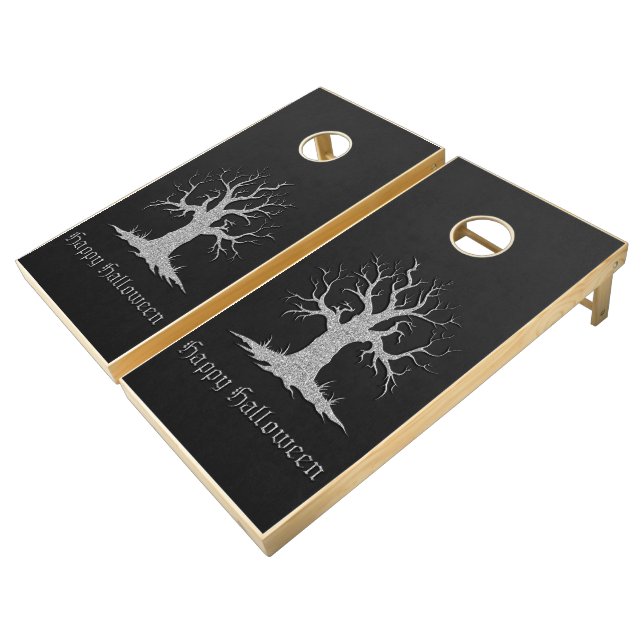 Silver Spooky Tree Halloween Cornhole Set (Angled)