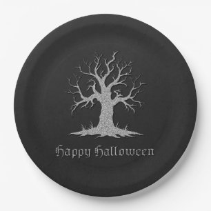 Silver Spooky Tree Halloween Paper Plates