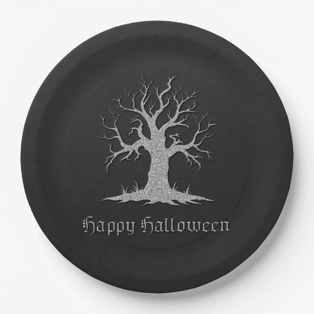 Silver Spooky Tree Halloween Paper Plates (Front)