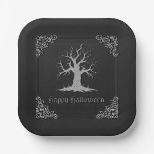 Silver Spooky Tree Halloween Paper Plates