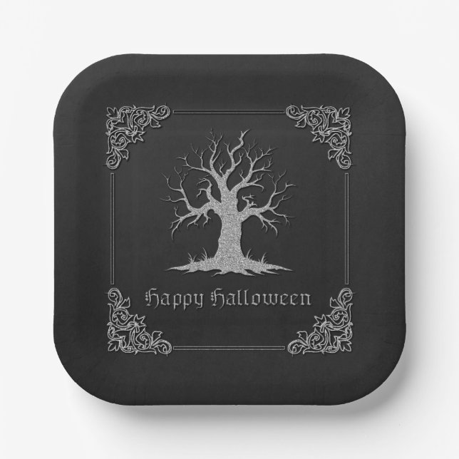 Silver Spooky Tree Halloween Paper Plates (Front)