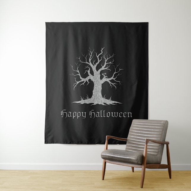 Silver Spooky Tree Halloween Photo Backdrop (In Situ)