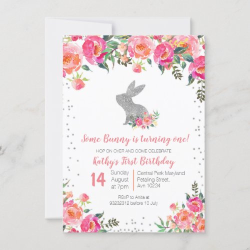 Silver Spring Bunny Birthday Floral Invitation