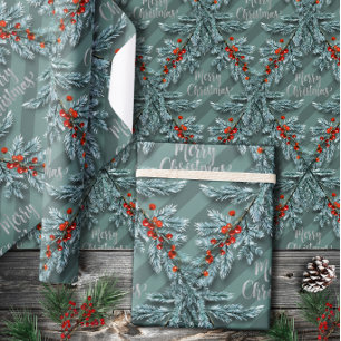 Silver Spruce Red Berries Lattice Merry Christmas Wrapping Paper